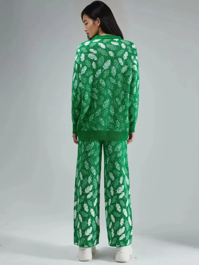 MY FASHION Green MY FASHION V-Neck Jacquard Knit Cardigan and Wide Leg Pants Set for Women | Best Price UAE